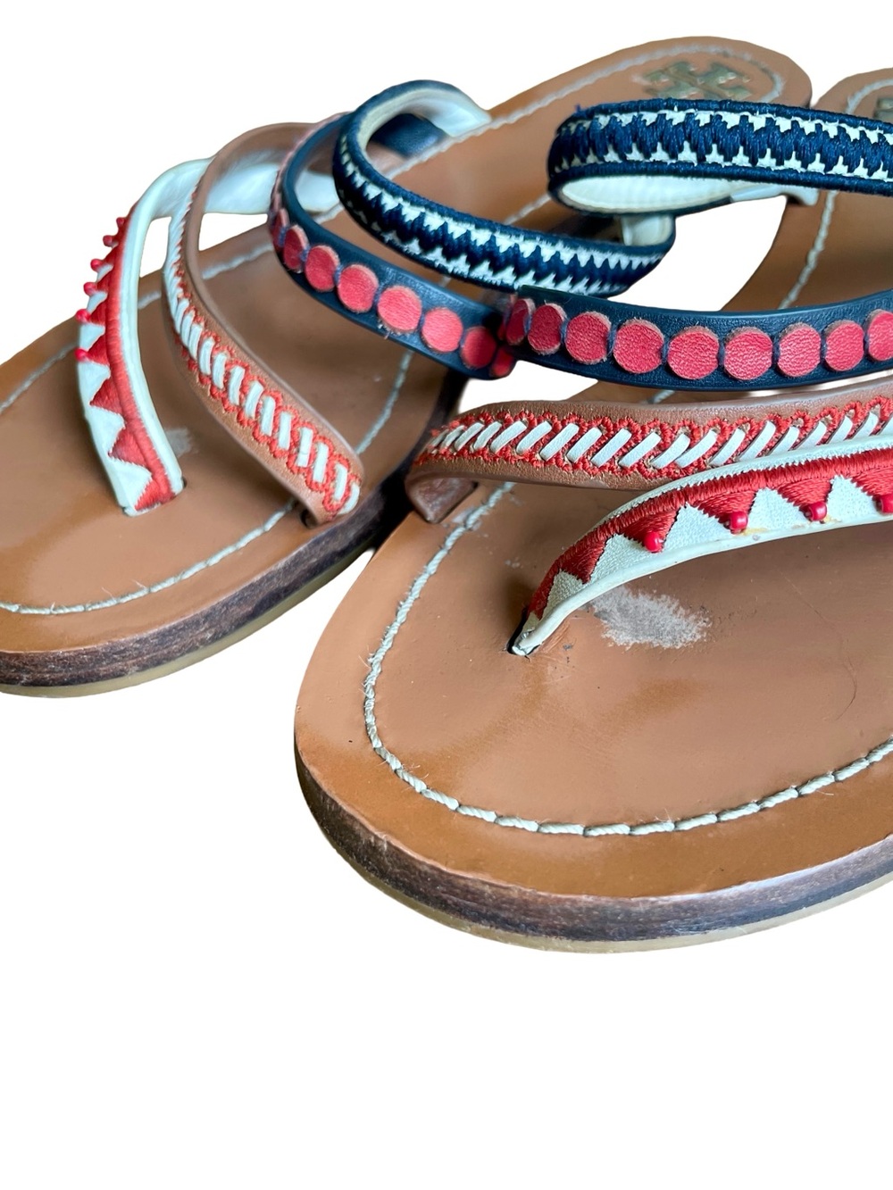Tory Burch Patos Embroidered Leather Resort Sandals Approx 7 - Picture 8 of 9